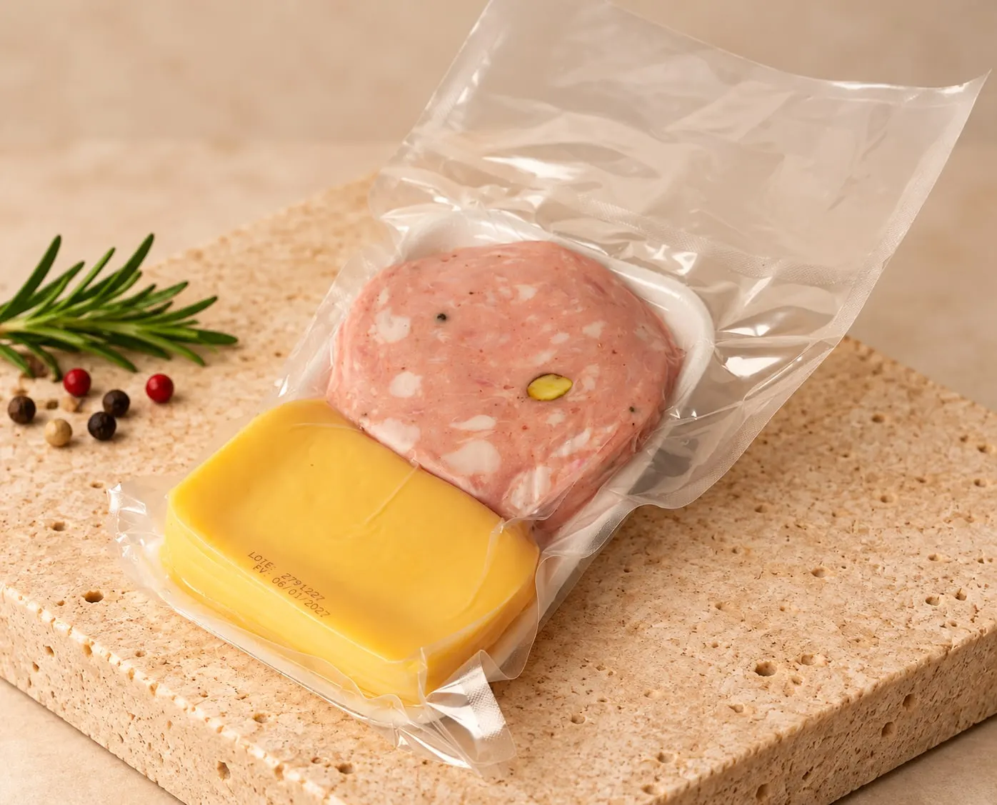 Mortadela Tapara y queso amarillo empacados al vacío, sobre una tabla de piedra