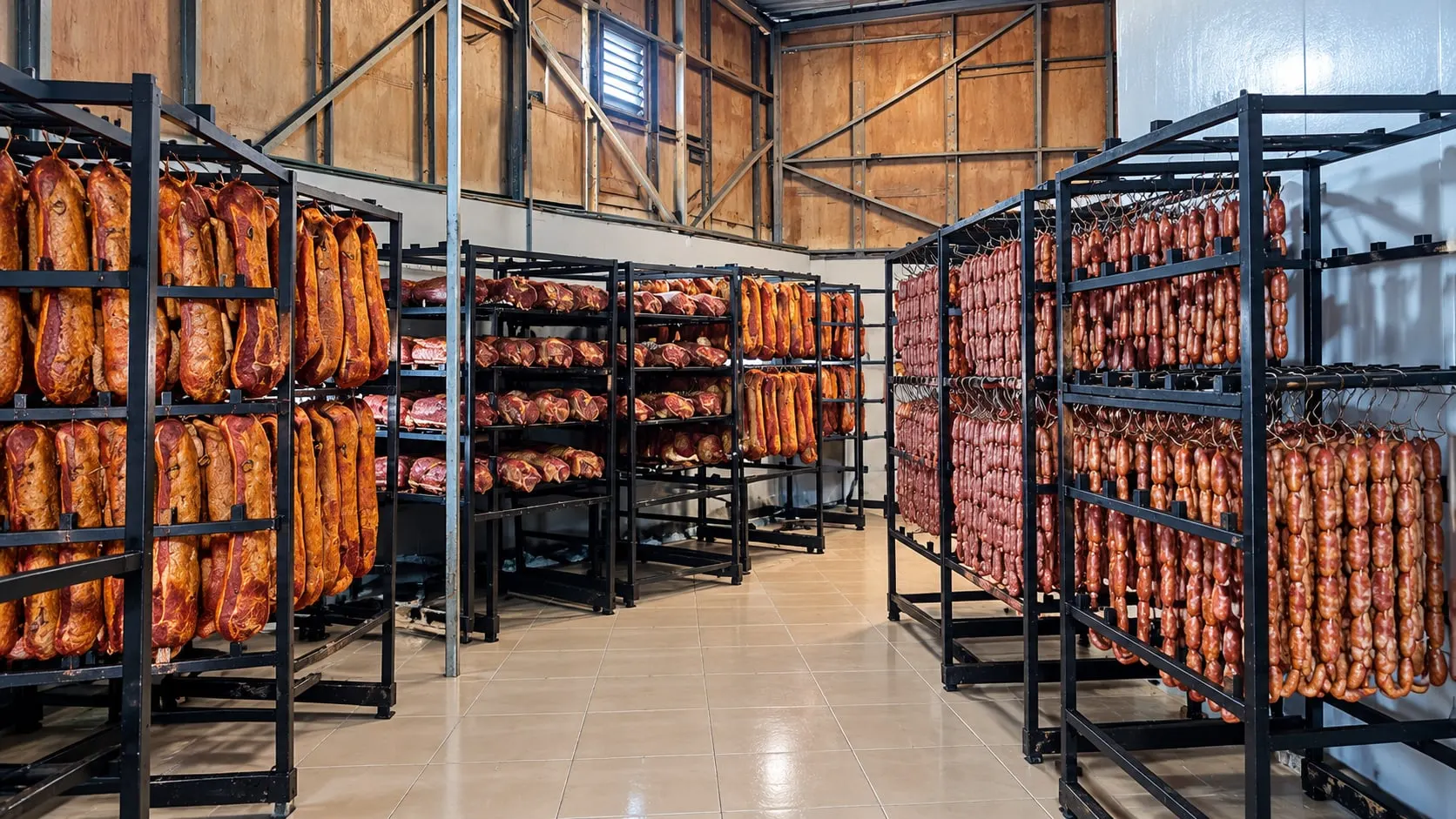 Sala de ahumado de Ahumados Oriente, con bastidores de piezas y chorizos colgados